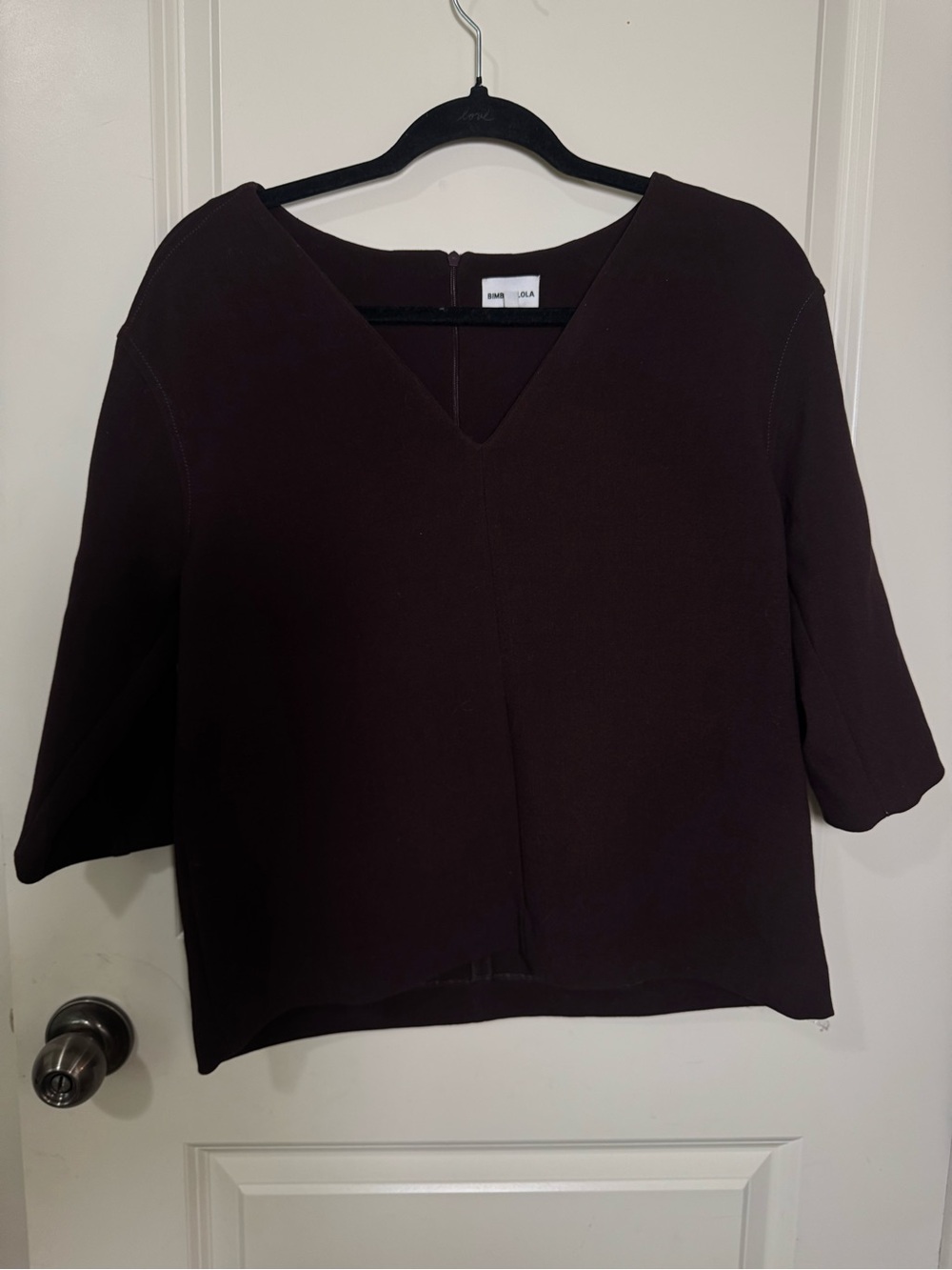 BIMBA Y LOLA Brown Solid V-Neck 3/4 Sleeve Back Zip Blouse M